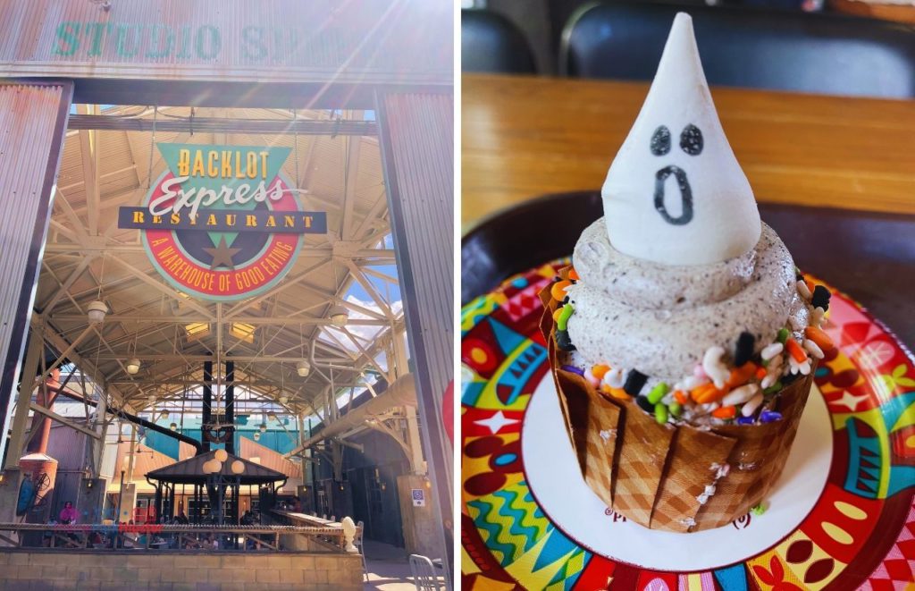 Disney Hollywood Studios Backlot Express Entrance with Halloween Ghost Cupcake and one of the best Disney world park for adults.