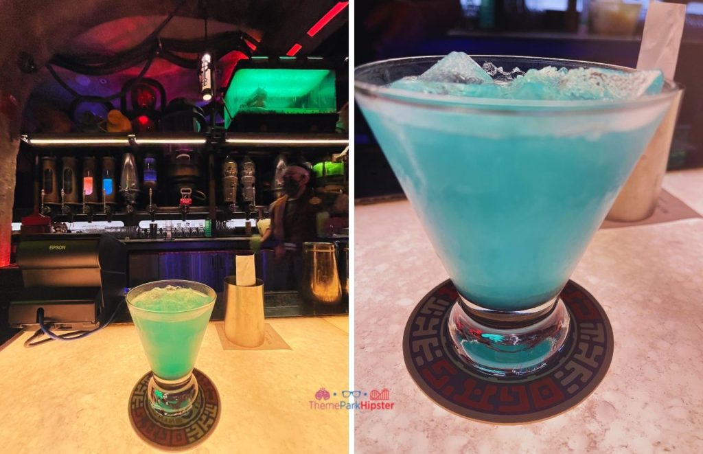 Jedi Mind Trick Drink Disney Hollywood Studios Oga’s Cantina Blue Cocktail for the best Star Wars weekend at Disney.