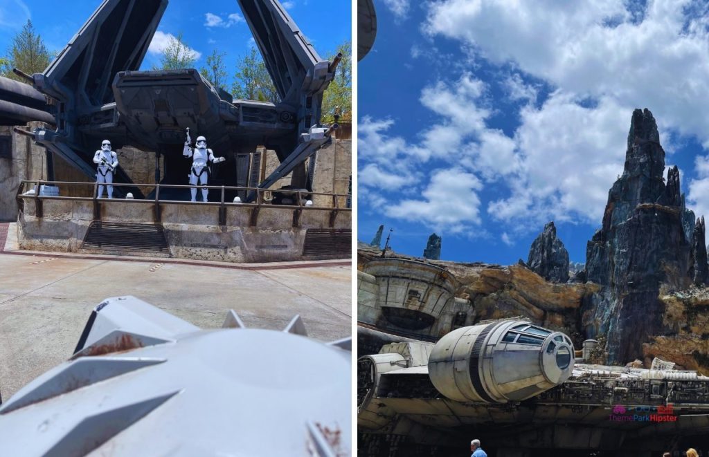 Disney Hollywood Studios Star Wars Land with Stormtrooper and Millennium Falcon. Keep reading for you perfect Disney World itinerary.