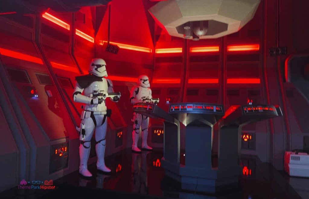 Disney Hollywood Studios Star Wars Rise of the Resistance with Stormtroopers guarding station. One of the best rides at Star Wars Land in Disney World and Disneyland.