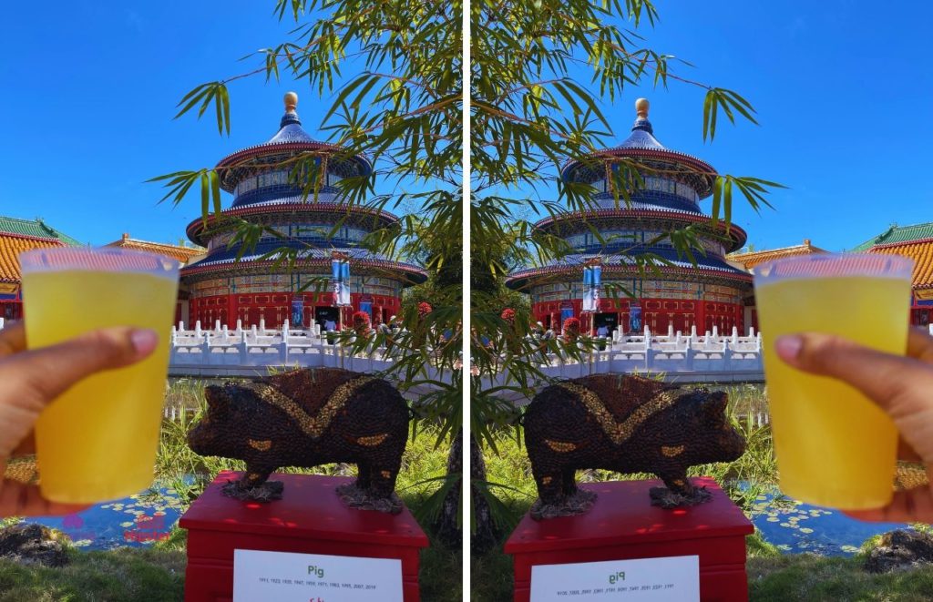 Epcot China Pavilion Flower and Garden Festival Cocktail in front of Temple. Keep reading to learn about the Epcot Food and Wine Festival Concerts time and schedule at Eat to the Beat.