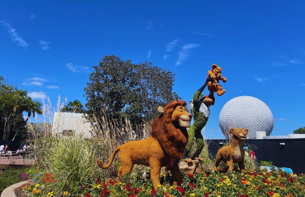 Epcot Flower and Garden Festival Lion King Topiary with Spaceship Earth in the Background. Keeping reading to learn about doing Epcot for adults and Disney for grown-ups.