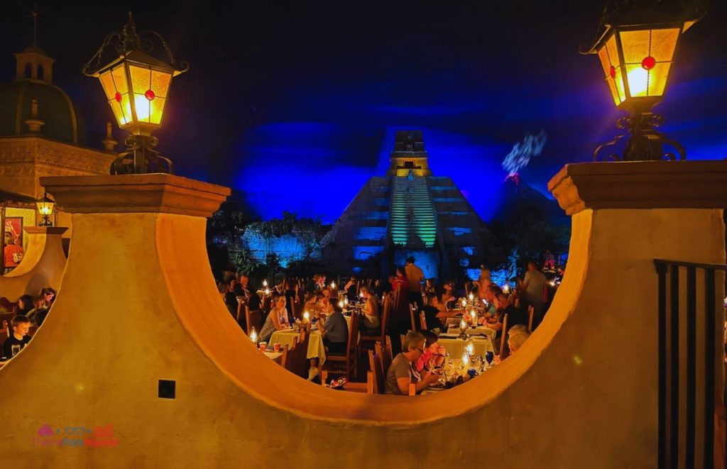 Epcot Mexico Pavilion San Angel Inn looking at Pyramid on Three Caballeros Ride. Keep reading to learn about the best Epcot Mexican restaurants.