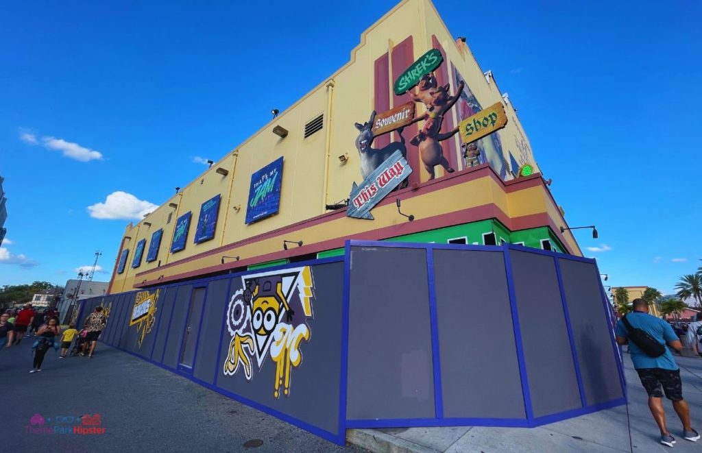 Former Shrek Attraction with construction showing Minions at Universal Studios Orlando. Keep reading to get the best movies to watch before going to Universal Studios.