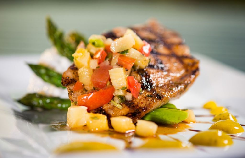 Grilled Salmon with Asparagus and Mango Salsa at Bonefish Grill