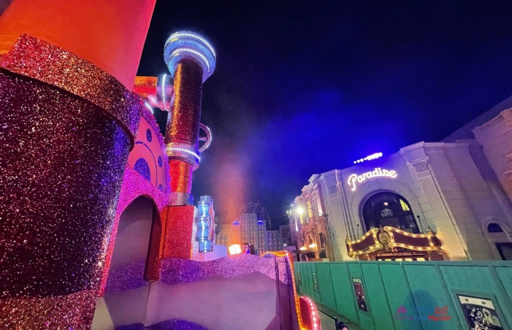 Machine Float in Universal Studios Mardi Gras Parade in front of the Mummy ride construction