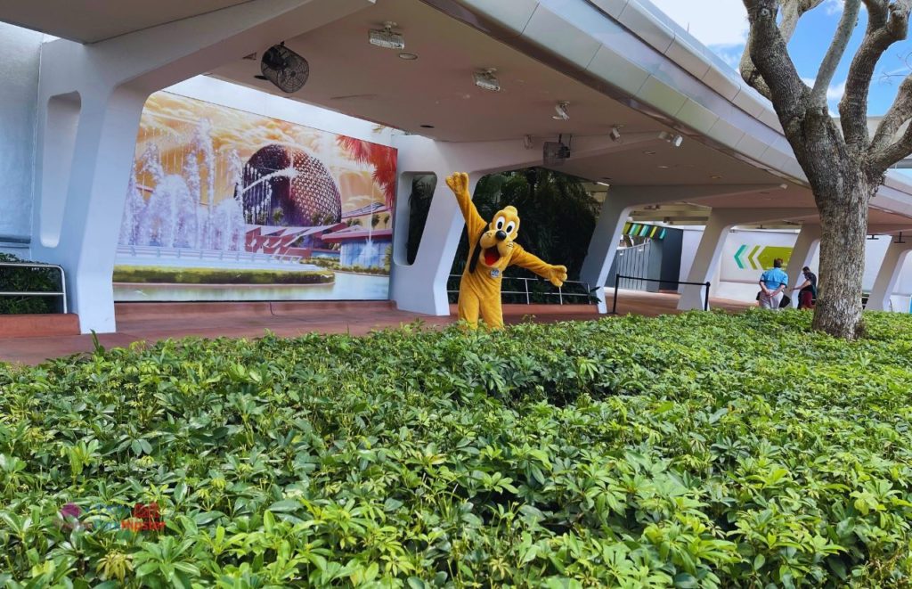 Pluto in fronts of Spaceship Earth mural at Epcot. Keep reading to see what is new for the Epcot Flower and Garden Festival.