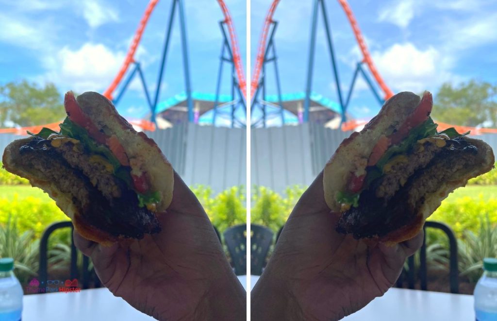 SeaWorld Orlando All-Day Dining Plan Burger from Altitude Burgers in front of Icebreaker