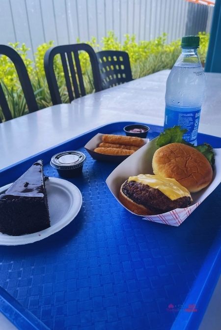 SeaWorld Orlando All-Day Dining Plan Chocolate Cake Burger Water and Mozzarella Sticks