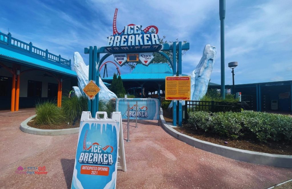 SeaWorld Orlando Icebreaker entrance. Keep reading to learn how to avoid with SeaWorld wait times with quick queue skip the line pass.