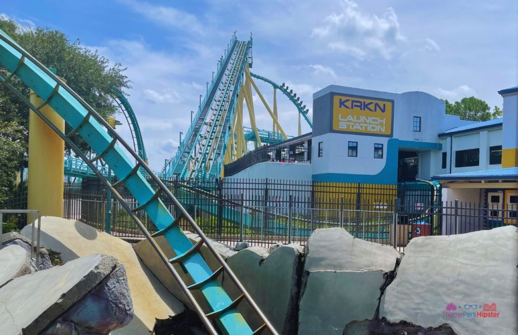SeaWorld Orlando Kraken Rollercoaster Launch Station. Keep reading to learn how to avoid with SeaWorld wait times with quick queue skip the line pass.