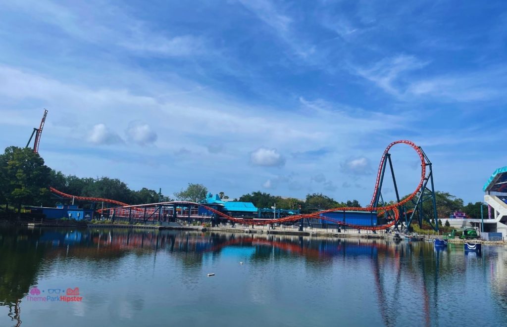 SeaWorld Orlando Lagoon overlooking Icebreaker. Keep reading to learn about the best cheap hotels near SeaWorld Orlando.