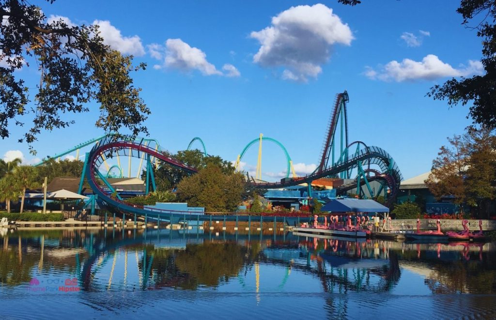 SeaWorld Orlando Lagoon overlooking Mako and Kraken. Keep reading to learn how to avoid with SeaWorld wait times with quick queue skip the line pass.