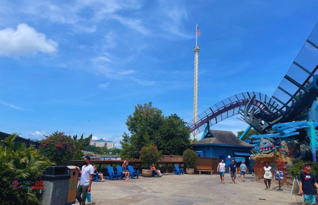 SeaWorld Orlando Mako Roller Coaster and Skytower with Renaissance Hotel in the background.