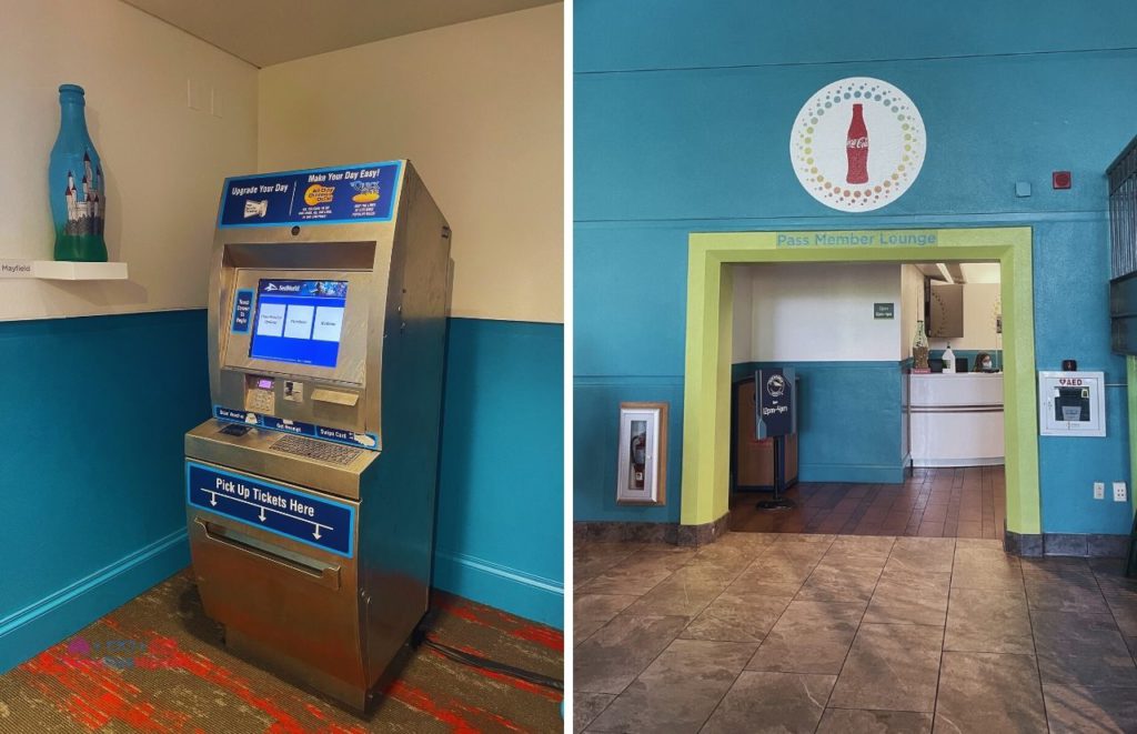 SeaWorld Orlando Pass Member Lounge and Kiosk to Upgrade Ticket for Quick Queue and All Day Dining. Keep reading to learn how to avoid with SeaWorld wait times with quick queue skip the line pass.