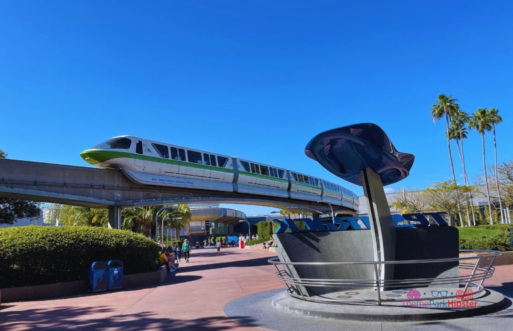 Test Track Epcot Front Area with Monorail driving by. One of the best epcot rides ranked from worst to best for your disney world vacation.