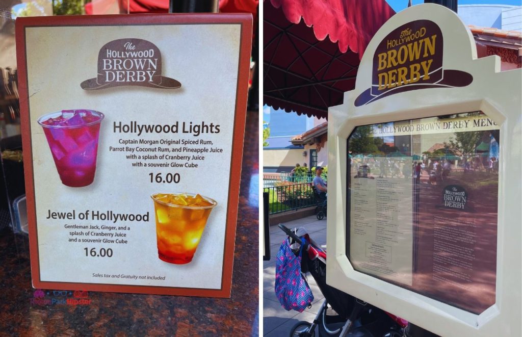 The Hollywood Brown Derby Lounge in Hollywood Studios Hollywood Lights Drink and Jewel of Hollywood Drink with Menu and one of the best Disney world park for adults.