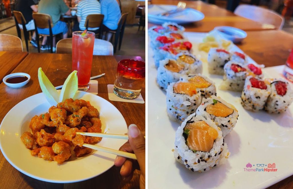 Bang Bang Chicken with spicy tuna sushi and salmon sushi at Morimoto Asia. Keep reading to learn where to find the best brunch and breakfast in Disney Springs.