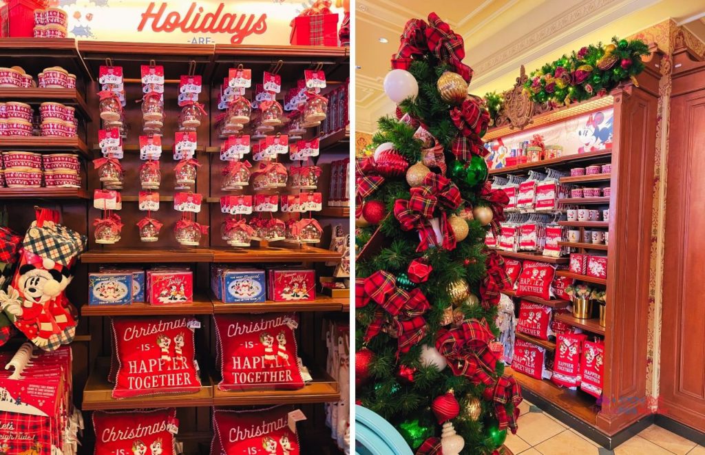 Disney Magic Kingdom Christmas Merchandise with pillows. Keep reading to get the best Disney Christmas shirts!