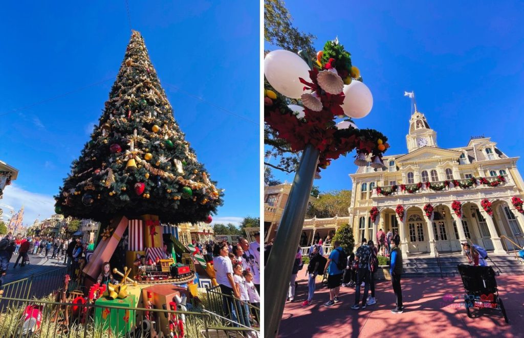 Disney Magic Kingdom Christmas Tree on Main Street USA next to City Hall. Keep reading to get the best Disney Christmas pictures and to know where to take the best Christmas photos at Disney World!