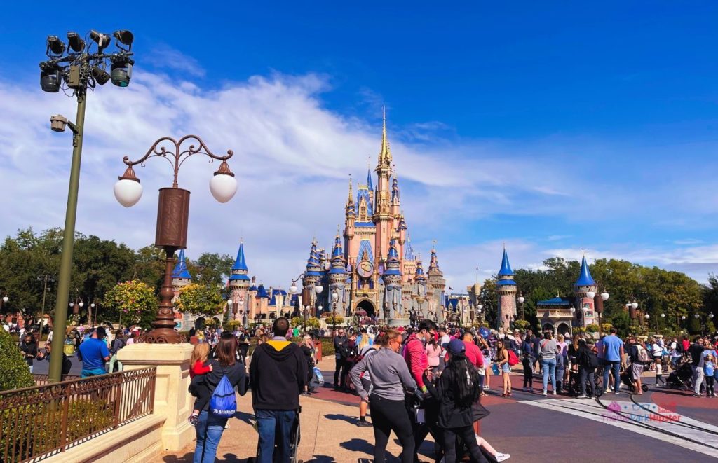 Disney Magic Kingdom Cinderella Castle view from Main Street view. Keep reading to learn what to wear to Disney World in November.