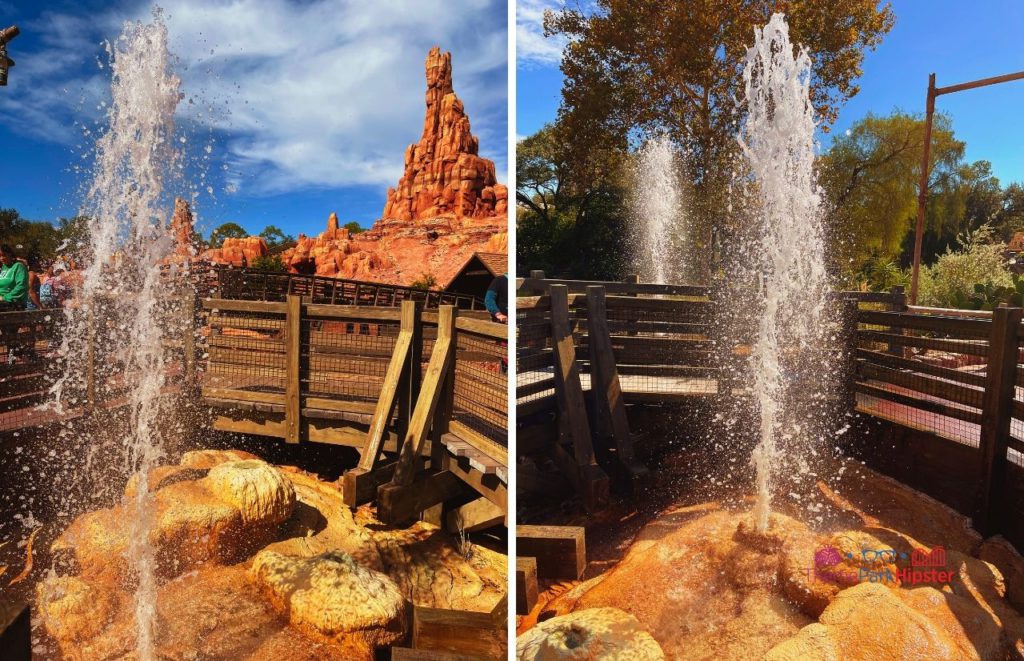 Disney Magic Kingdom Geyser in front of Big Thunder Mountain Railroad Frontierland. One of the best Magic Kingdom roller coasters!