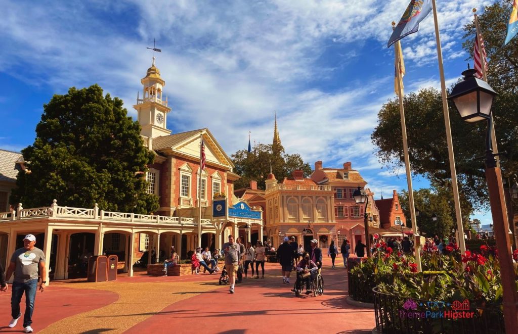 Disney Magic Kingdom Liberty Square view with Hall of Presidents. Keep reading to learn about the best Magic Kingdom shows and why you'll want to stick around to watch a Magic Kingdom night show.