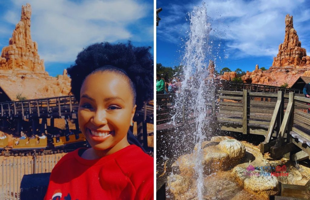 Disney Magic Kingdom NikkyJ in front of Big Thunder Mountain Railroad Roller Coaster. Keep reading to know what to wear to Disney World in February and what to pack for Disney World in February!