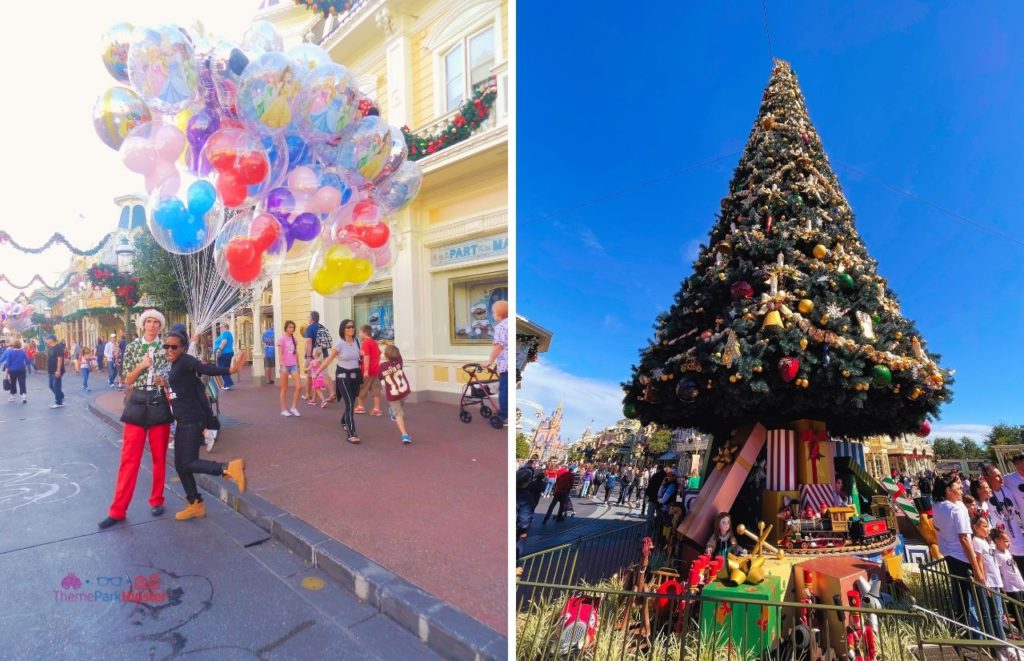 Disney Magic Kingdom NikkyJ on Main Street USA with her Disney Christmas Outfit. Keep reading to know what to pack and what to wear to Disney World in December for your packing list.