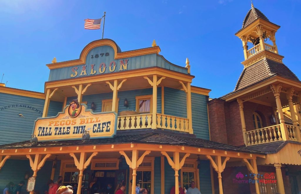 Disney Magic Kingdom Pecos Bill Tall Tale Inn and Cafe Entrance Frontierland. One of the best quick service and counter service restaurants at Magic Kingdom.