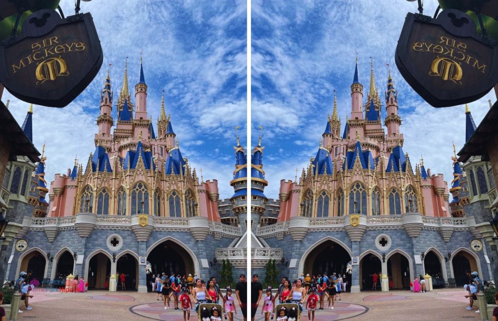 Disney Magic Kingdom Rear view of Cinderella Castle next to Sir Mickey Store. Keep reading to learn about free things to do at Disney World and Disney freebies.