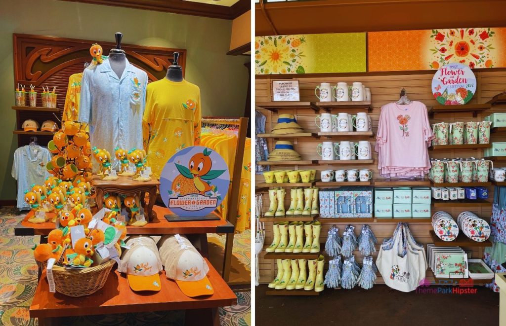 Epcot Flower and Garden Festival Merchandise with Spike the Bee and Minnie Mouse. Keep reading to know what to wear to Disney World in April and what to pack for Disney World in April.