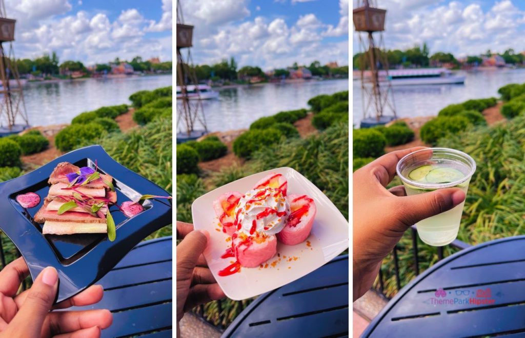 Epcot Flower and Garden Festival in Japan Pavilion Beef with Frushi and Cucumber Drink. Keeping reading to learn about doing Epcot for adults and Disney for grown-ups.