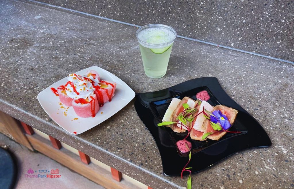 Japan Epcot Flower and Garden Festival with Frushi Cucumber Drink and Beef. Keep reading for the best food at Epcot Festival of the Arts.