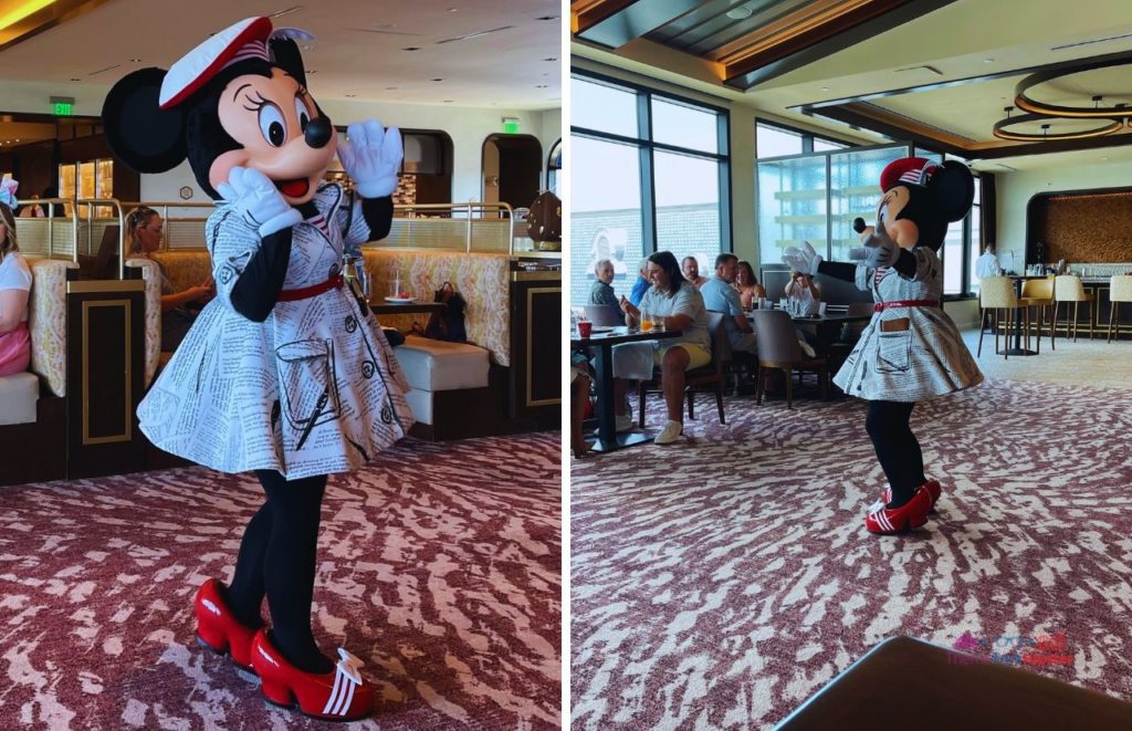 Topolino’s Terrace at Disney’s Riviera Resort Minnie Mouse in black and white with red dress for character dining. Keep reading to learn how Disney Bloggers make money by setting up blog with Bluehost.