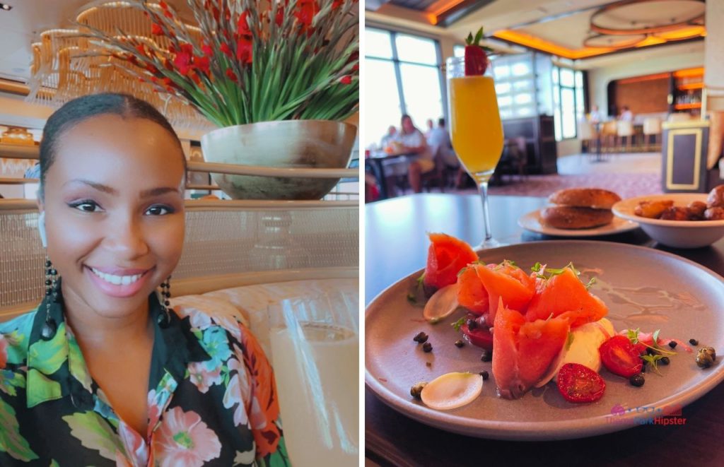 Topolino’s Terrace at Disney’s Riviera Resort NikkyJ enjoying Smoked Salmon Bagel and Mimosa. Keep reading to learn about going to theme parks alone and solo travel in Florida.