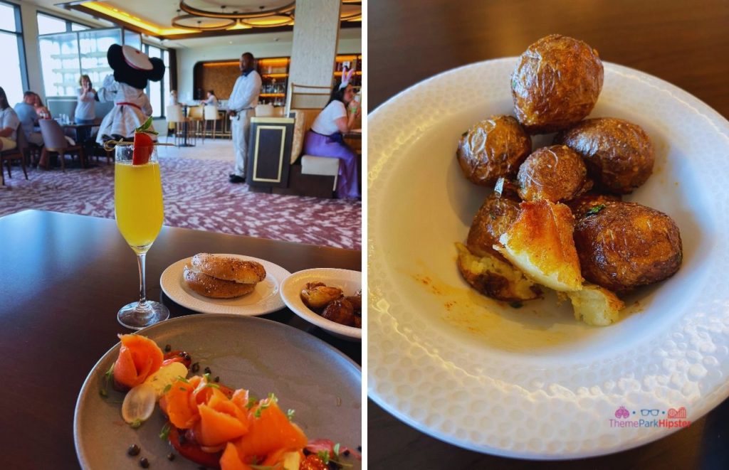 Topolino’s Terrace at Disney’s Riviera Resort smoked salmon with mimosa and minnie mouse in the background at character dining