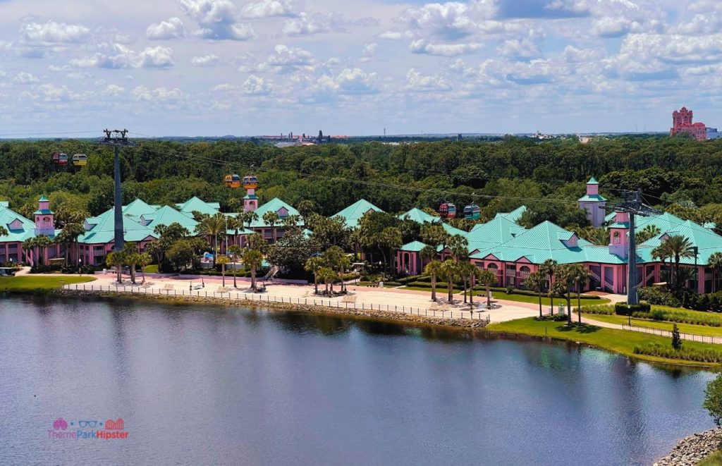 Topolino’s Terrace at Disney’s Riviera Resort view from rooftop of skyliner Caribbean Beach Club and hollywood studios. Keep reading for the best pools at Disney World.