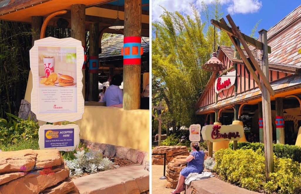 Busch Gardens Tampa Bay Chick fil a entrance and menu out front the restaurant and a photo of the front of the restaurant with a theme park guest sitting out front. Keep reading to learn more about the best things to eat at Busch Gardens Tampa.