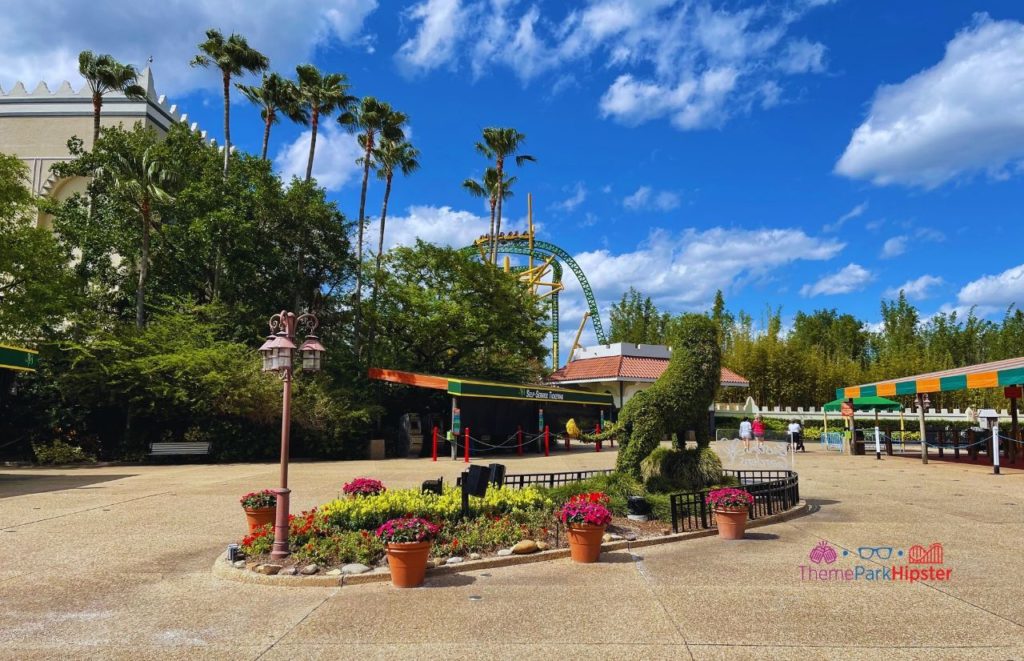 Busch Gardens Tampa Bay outside entrance showing tiger topiary and cheetah hunt. Keep reading to learn how to find cheap Busch Gardens tickets.