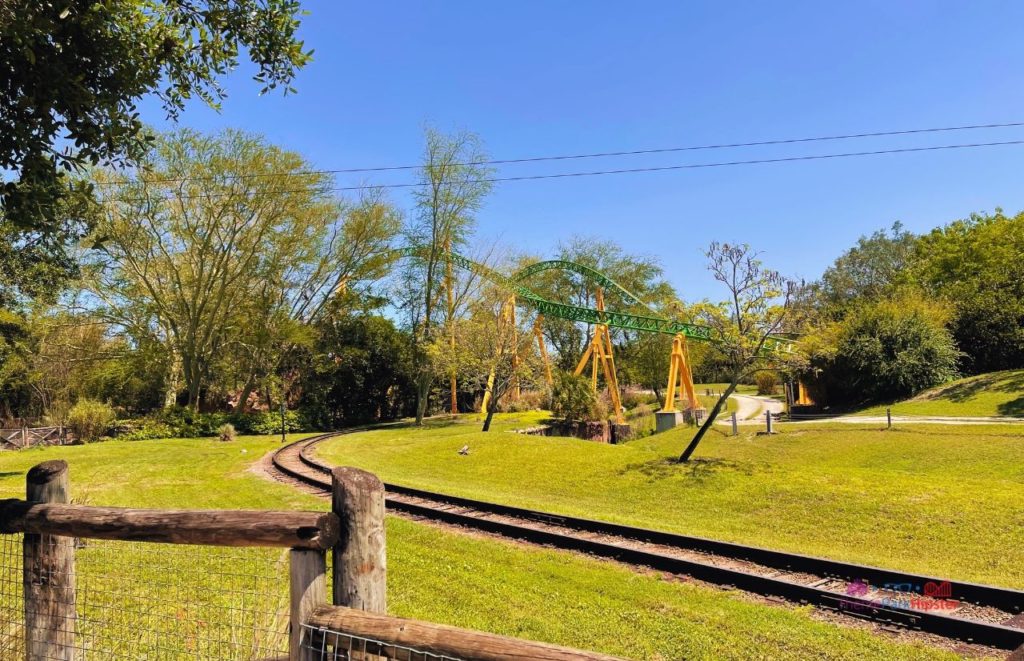 Busch Gardens Tampa Cheetah hunt roller coaster next to train tracks