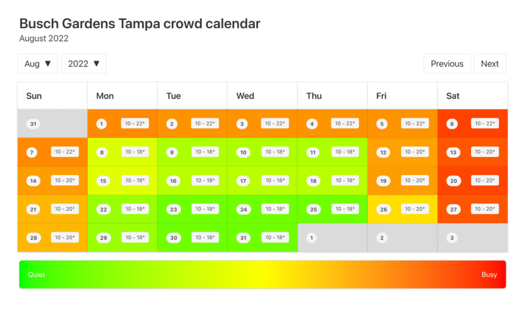 Busch Gardens Tampa Crowd Calendar August 2022