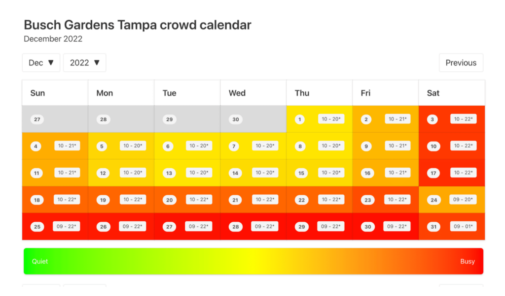 Busch Gardens Tampa Crowd Calendar December 2022
