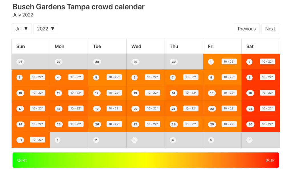 Busch Gardens Tampa Crowd Calendar July 2022
