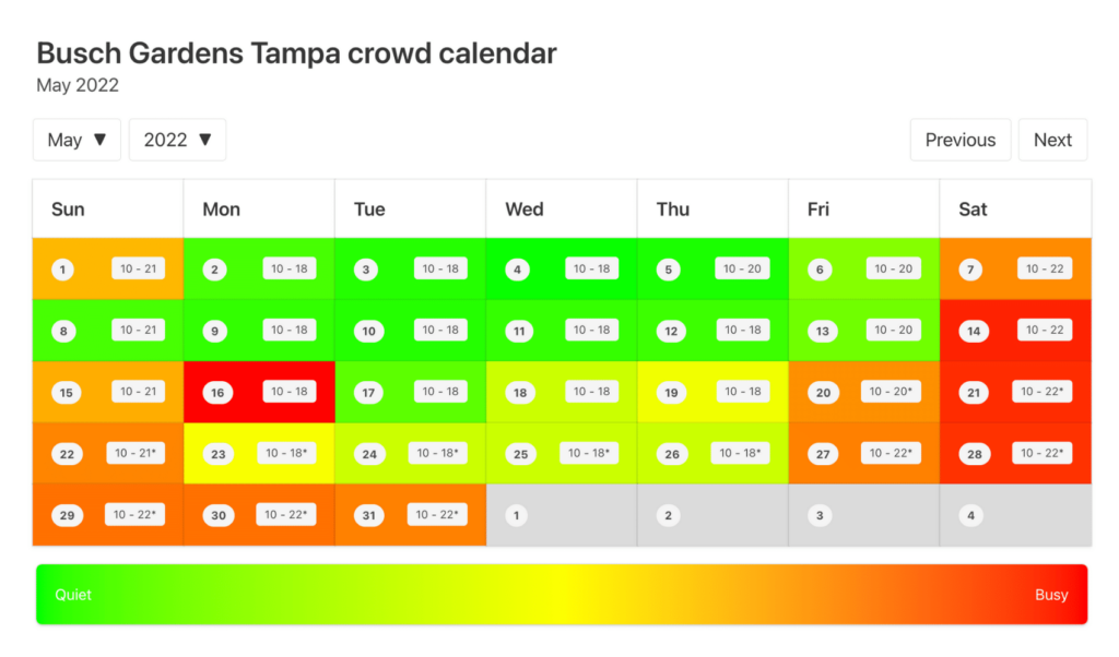 Busch Gardens Tampa Crowd Calendar May 2022
