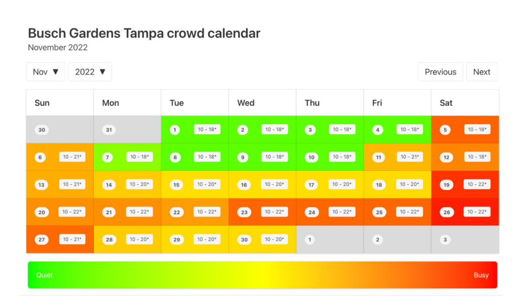 Busch Gardens Tampa Crowd Calendar November 2022
