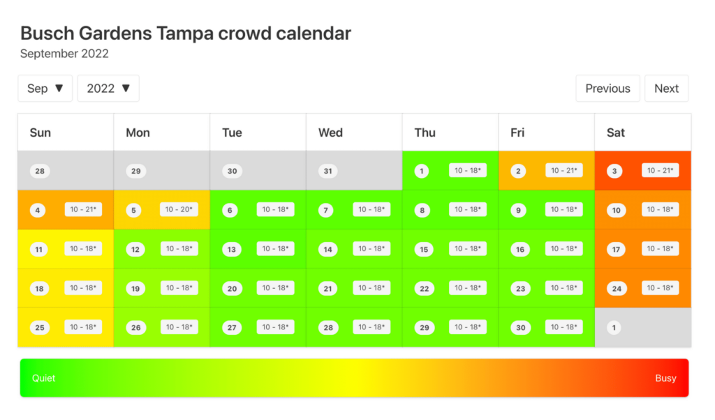 Busch Gardens Tampa Crowd Calendar September 2022