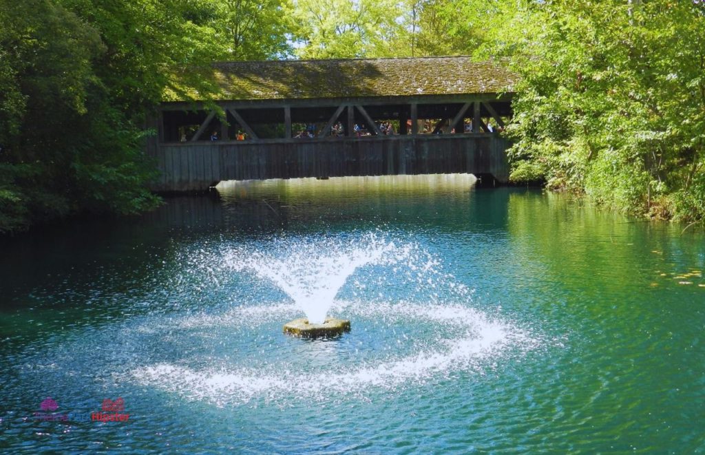 Cedar Point classic wooden bridge over water surrounded by trees and a spouting fountain in the water in front. Keep reading to find out more about the best things to do at Cedar Point. 