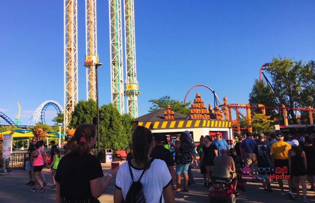 Cedar Point Drop Tower with corkscrew and wicked twister in the background at Halloweekends