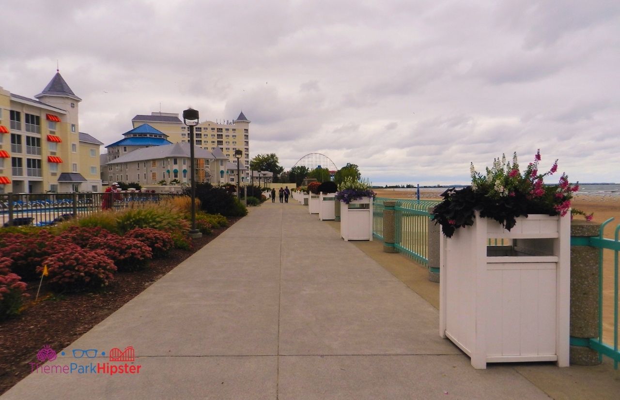Cedar Point Hotel Breakers Boardwalk next to Lake Eerie. Keep reading for more Cedar Point tips and tricks for beginners.